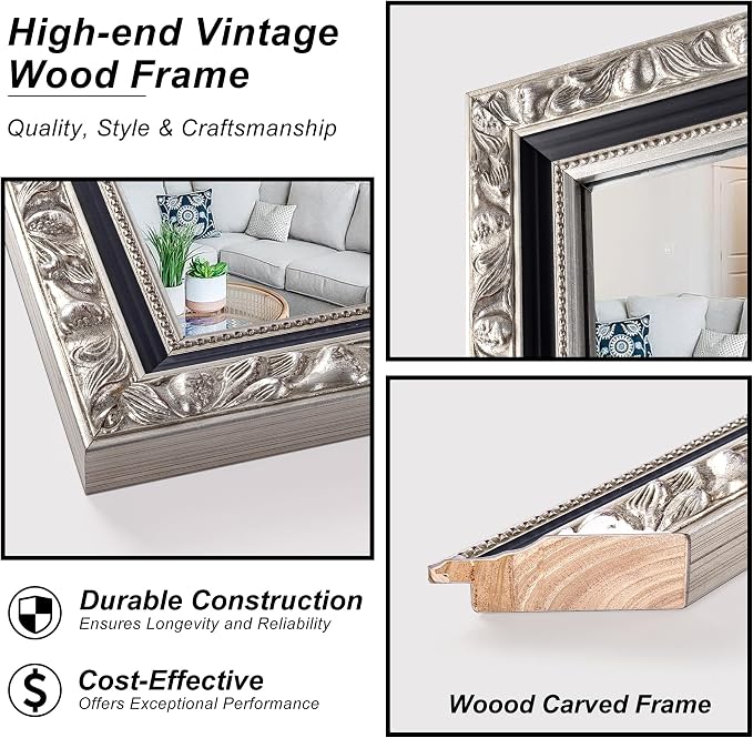Vintage Large Decorative Mirror for Wall, 52'' x 28'' Antiuqe Dining Room Mirrors with Black Silver Carved Frame, Traditional Solid Wooden Mirror, Horizontal/Vertical