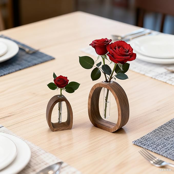 Handcrafted Solid Wood Glass Tube Vase|Hydroponic Planter for Fresh Cut or Dried Flowers&Plant Propagation|Modern Home Desk Decor&Table Centerpiece for Home Office Cafe Bar Restaurant(Large+Small)