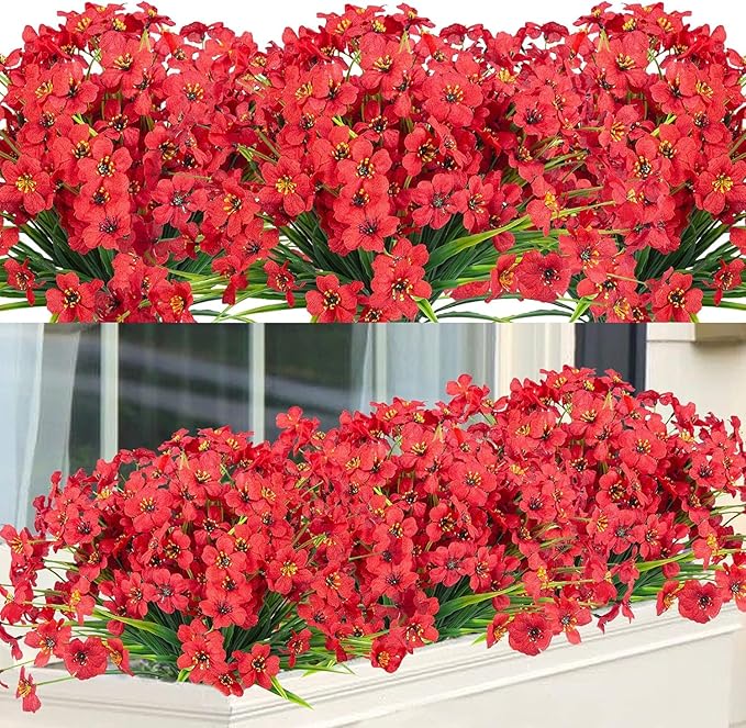 Ouddy Decor 12 Bundles Artificial Flowers for Decorations Fake Silk Plants for Outdoors UV Resistant Faux Plastic Greenery Stems for Garden Porch Window Box Home Spring Decor, Red