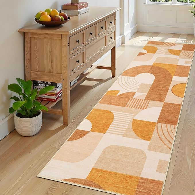 Runner Rugs 2x6, Boho Geometric Print Washable Hallway Runner Long Entryway Rug Soft Low Pile Non-Slip Kitchen Rug Runners for Bedroom Laundry, Orange Multi, 2'x6'