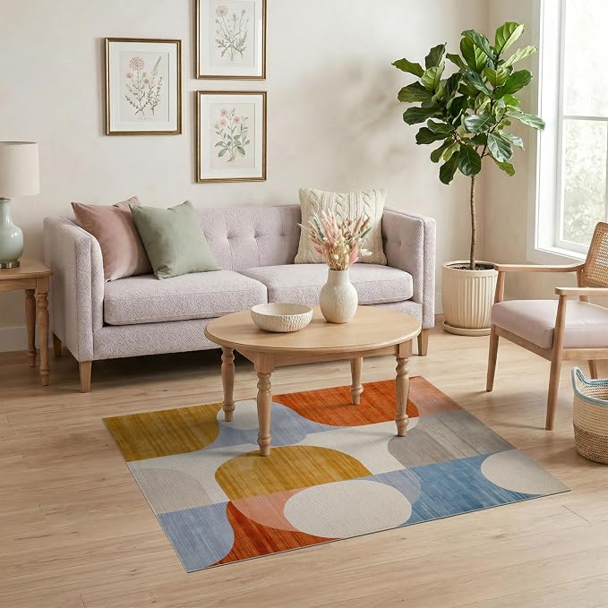 Flatwoven High Traffic Area Rug 4x6, Mid Century Modern Abstract with Fluid Lines and Symmetrical Ovals, Non Slip, Stain Resistant, Washable Area Rugs for Living Room, Bedroom (Orange, 4x6)
