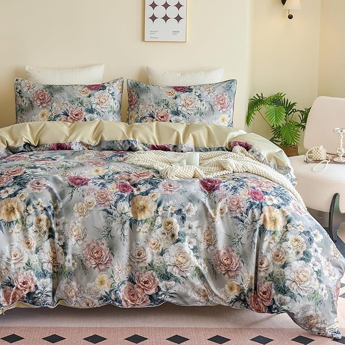 Blue Floral Duvet Cover Set 100% Percale Cotton King Size Shabby Vintage Chic Penoy Patterned Comforter Covers with Zipper，Soft & Breathable French Country Bedding 3Pcs-Not Comforter