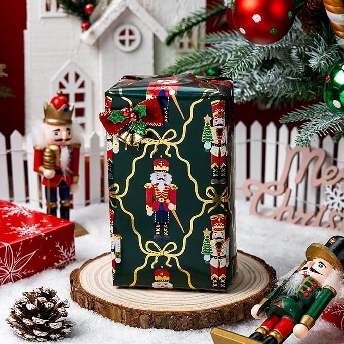 MAYPLUSS Christmas Wrapping Paper Roll - 17IN X 33FT - Green Gift Wrapping Paper Featuring Nutcracker Christmas Tree Bow Reversible Snowflake for Kids, Holiday, New Year