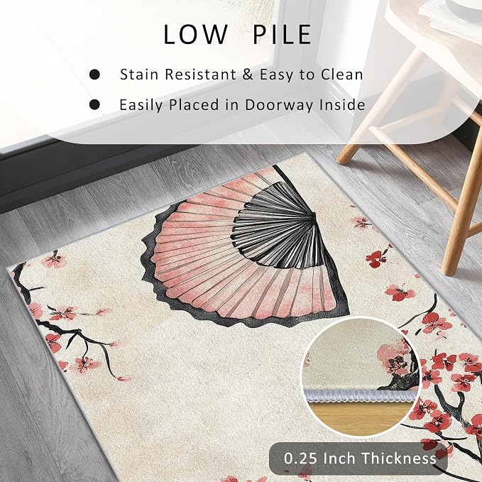Japanese Cherry Blossom Runner Rug 4x9, Oriental Fan Design, Asian Area Rug, Washable Non-Slip Floor Carpet Runner for Bedroom, Dining Room, Living Room Aisle
