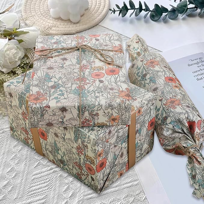 8 Sheets Vintage Wildflower Wrapping Paper - 19.7” x 27.6” Spring Floral Gift Wrap Paper for Girls, Women Birthdays, Baby Showers, Bridal Showers, Weddings, Valentine’s Day Party Celebrations