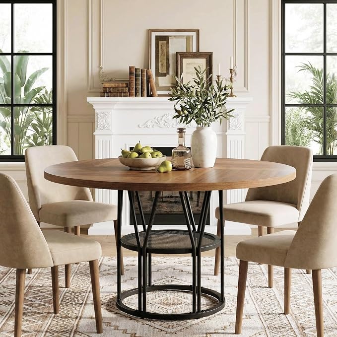 Garvee Round Dinning Table for 4-6 - 47" Circle Dinner Table with Storage Shelf & Sturdy Metal Frame, Modern Breakfast Tea Tray for Kitchen, Living Room, Apartment, Office, Brown