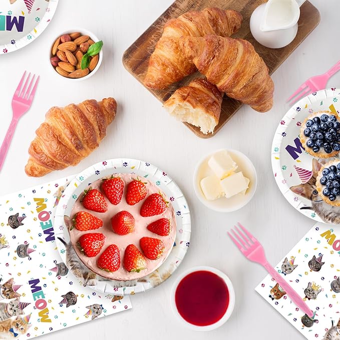 48Pcs Cute Cat Birthday Party Decorations Tableware Inculde Plates Napkins Forks for Birthday Pet Party and more party Serve 16 Guests