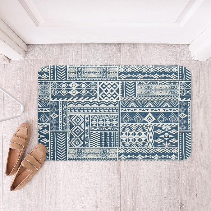 Feelyou Boho Bath Rugs 16"x24" Bohemian Aztec Bathroom Rugs Blue Traditional Exotic Tribal Bath Mats for Bathroom Women Men Girls Boys Soft Non Slip Boho Bathroom Accessoriess
