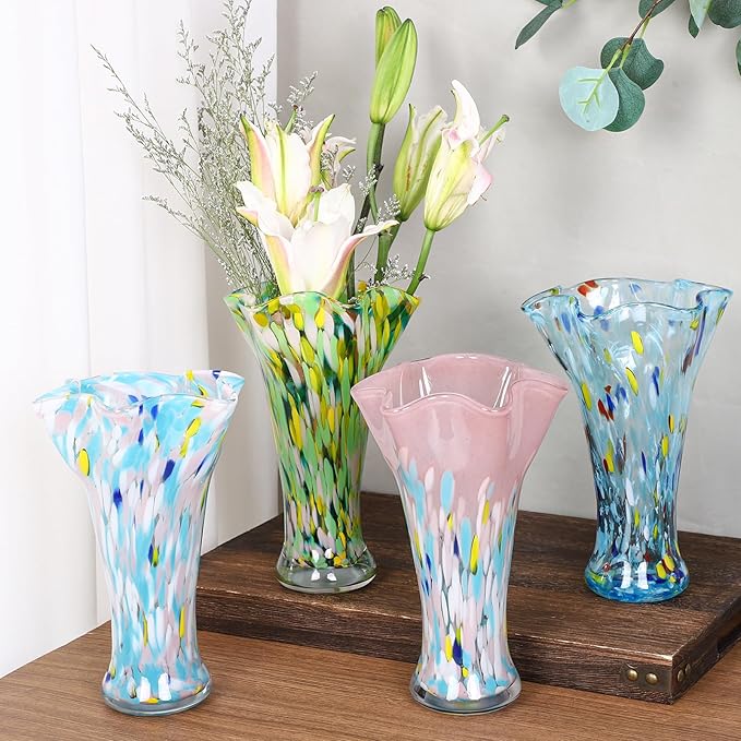 9.0" H Blue Glass Vases for Flowers, Unique Hand Blown Glass Vase Blue Home Decor, Wide Mouth Colorful Flower Vase Centerpieces, for Living Room Table Bookshelf, Bathroom Office Shelf Decorative