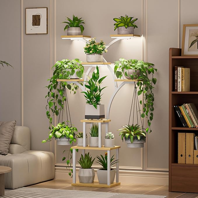 Elbourn 8 Tiered 60" Plant Stand Indoor Shelf with 3 Grow Lights (White) | Corner Shelf Decor