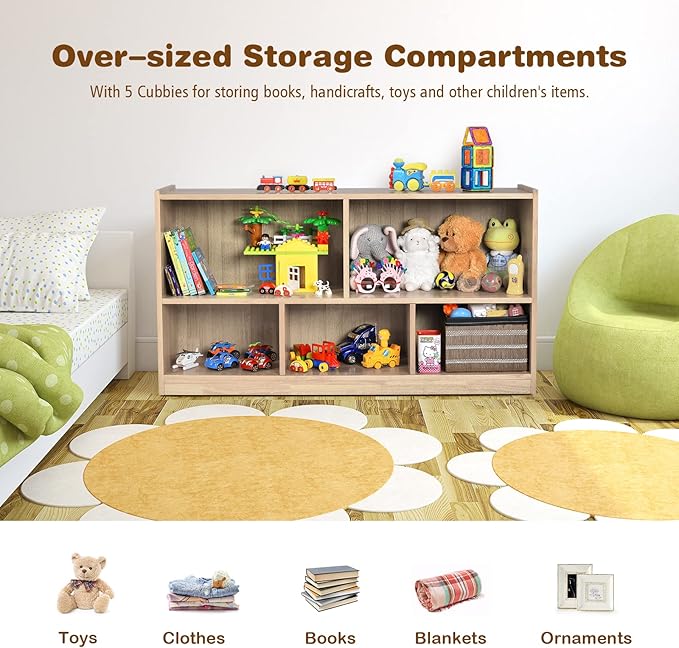 Costzon 2-Shelf Bookcase for Kids, Wooden Toy Storage Organizer for Books Toys, 5-Section Freestanding Classroom Daycare Montessori Bookshelf for Preschool, Home Playroom & Kindergarten