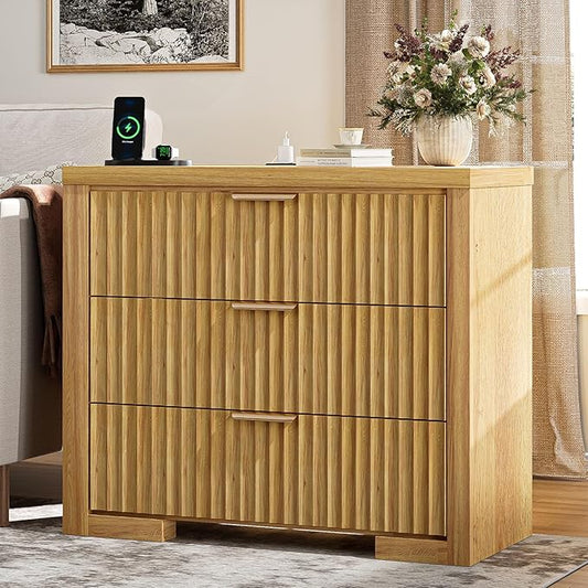 Fluted Dresser for Bedroom, 32 Inch Wide 3 Drawer Dresser with Charger Station for Bedroom Living Rooms Offices, Natural Oak