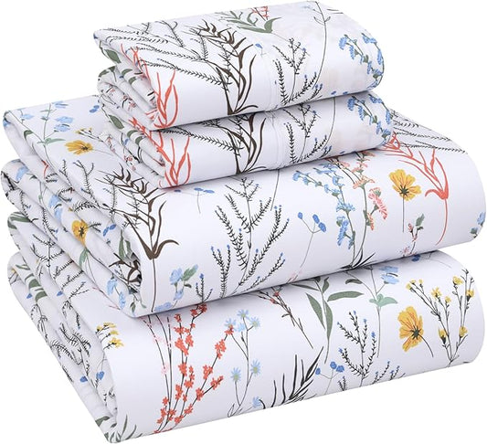 RUVANTI 100% Cotton King Size Sheets Set, 4 Pieces, Soft & Breathable Percale Weave Bedding, Deep Pocket 16", Hotel Standard, Crisp Cool Feel, Durable, Perfect Floral Bed Sheet, Aroma