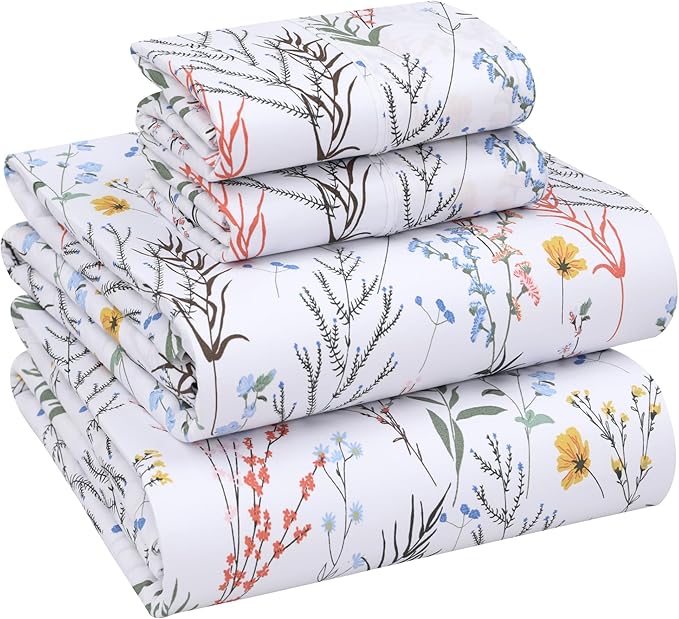 RUVANTI 100% Cotton California King Sheet Sets, 4 Pieces, Soft & Breathable Percale Weave Bedding, Deep Pocket 14", Hotel Standard, Crisp Cool Feel & Durable, Perfect Floral Sheets, Aroma