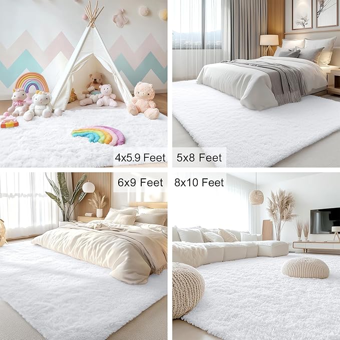 OLANLY 3x3 Machine Washable Small Bedside Rug, Soft Fluffy Shaggy Entryway Throw Rugs for Bedroom, Living Room, Indoor Floor Carpet for Kids Girls and Boys, Nursery Rooms, Home Decor Aesthetic, White