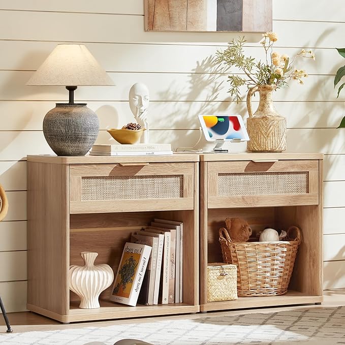LEYAOYAO Rattan Nightstand with Charging Station, Natural Wood Night Stand with Drawer, 23" Wide Boho Bedside Table with Storage Shelf, Bed Side End Tables for Bedroom, Living Room, Hallway
