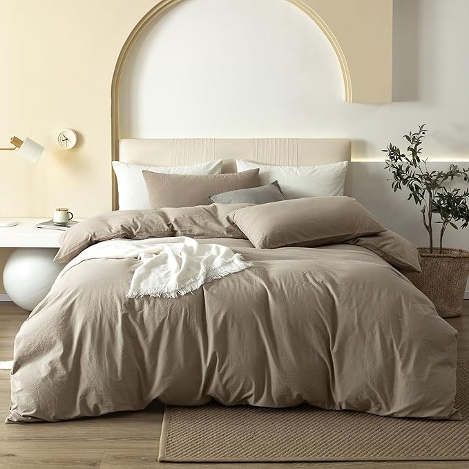 JIYUAN 100% Washed Cotton Duvet Cover Set 3 Pieces Oversized Queen, 1 Duvet Cover 98x98 Inches(Comforter Not Included) and 2 Pillowcases,Linen Feel Bedding Set Comfy and Breathable,Khaki