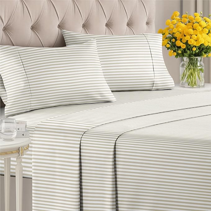 Striped Sheets - Grey Striped Sheets - 1 Flat & 1 Fitted & 2 Pillowcases w/ Deep Pockets – Wrinkle & Fade Free - Ultra-Soft, Breathable and Cooling – Luxury Pinstripe Bedding - Cal King Size Bed Set