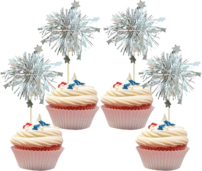 Gyufise 30Pcs Foil Firework Cupcake Toppers Sparkle Tinsel Star Cake Toppers Tinsel Drink Cake Decoration Cocktail Picks for Birthday Wedding Graduation Party Supplies Silver