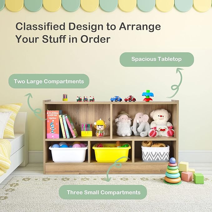 KOTEK Kids Storage Organizer, 5 Cubby Kids Bookshelf, Wooden 2-Layer Bookcase Storage Cabinet, Toy Shelf for Daycare, Nursery, School Classroom, Playroom, Living Room & Bedroom (Natural, 5 Cubes)