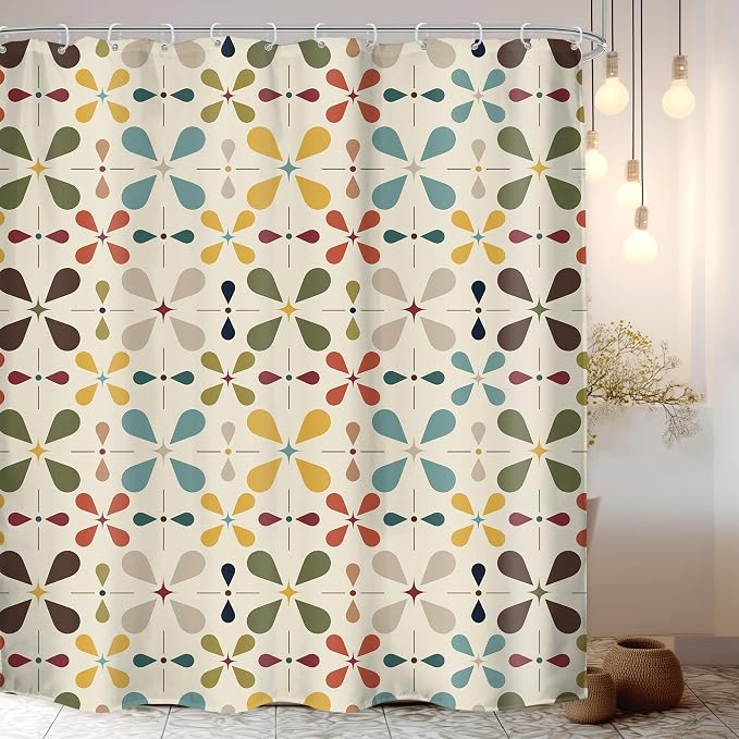 Boho Mid Century Shower Curtain Bathroom Set 71Wx78H Inches Modern Abstract Vintage Colourful Geometric Bohemian Retro Bath Accessories Water Drop Art Home Decor Fabric 12 Pack Hooks