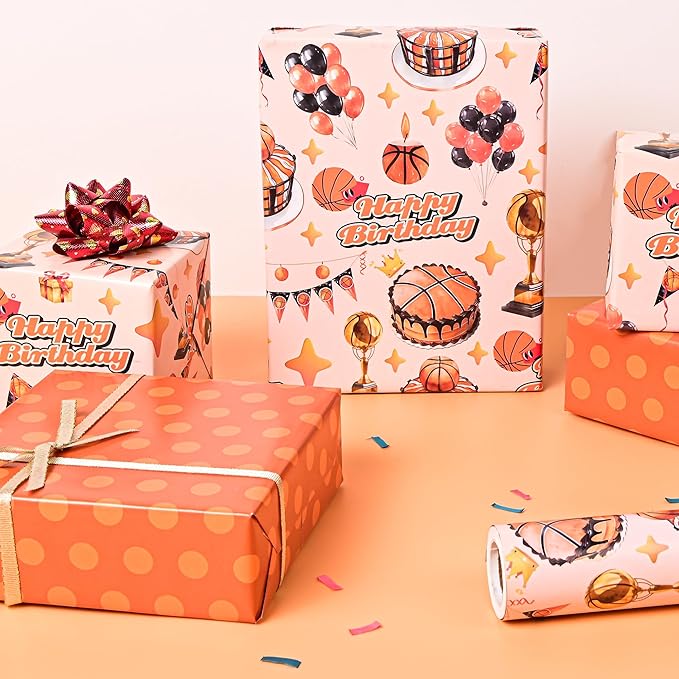 Altarho Reversible Basketball Wrapping Paper Roll for Kids Boys - Sports Basketball Birthday Cake Gift Wrap Sheets for Baby Shower Party Decoration Total 28.5sq.ft