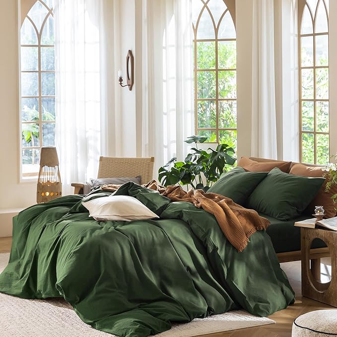 MooMee Bedding Duvet Cover Set 100% Washed Cotton Linen Like Textured Breathable Durable Soft Comfy (Solid Forest Green, Oversized Queen 98"x98")