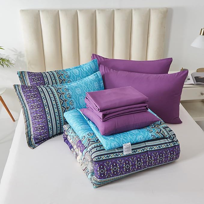 Cottolester Boho Comforter Set Full Size 8 Piece Bed in a Bag Bohemian Striped Bedding Quilt Set Aqua Paisley Floral Comforter and Sheet Set,Soft Microfiber Complete Bedding Sets for All Season