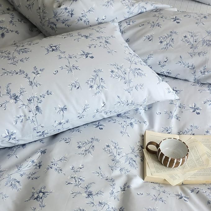 HighBuy Vintage Blue Floral Duvet Cover Queen Premium Cotton Flower Bedding Comforter Cover Boho Floral Girls Bedding Set Queen Garden Style Cottagecore Duvet Cover with Zipper Closure Corner Ties
