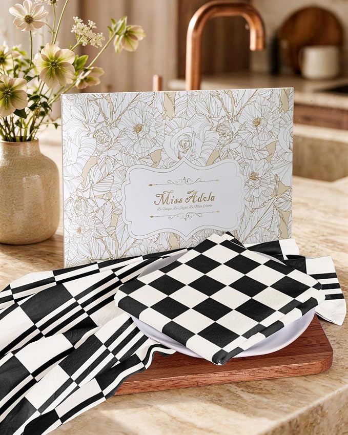 Miss Adola 2 Pack Flour Sack Kitchen Towels - 16x26 Inch Black and White Cotton Dish Towels with Hanging Loop Reusable Modern Tea Towel Absorbent Dishcloths Home Decor, Checkered