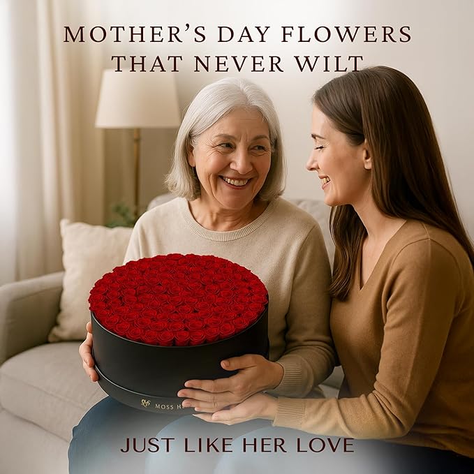 100 Preserved Roses, Forever Flowers for Delivery in Designer Round-Shaped Box, Petite Long-Lasting Buds for Women, Eternal Rose Bouquet for Mothers Day, Girlfriend's Birthday