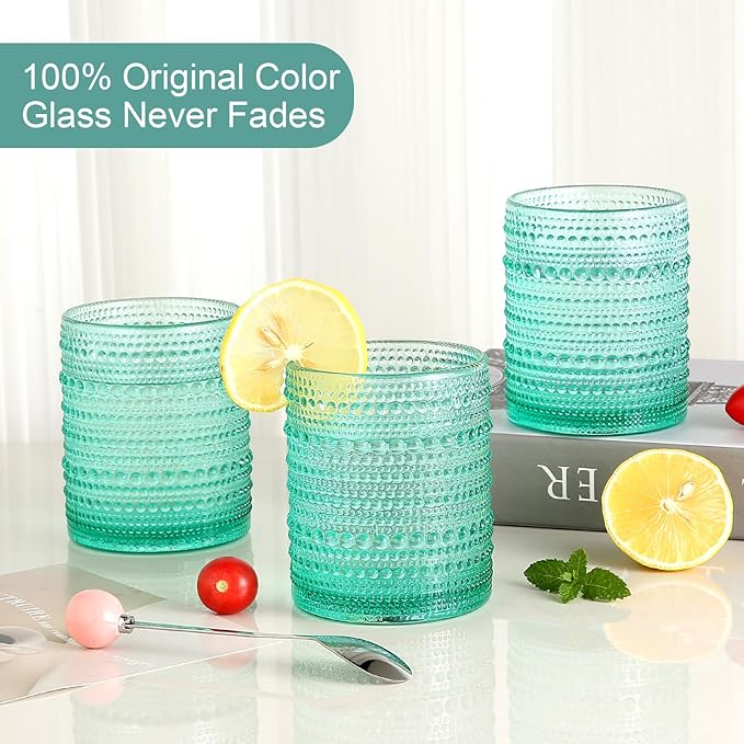 ZMOWIPDL Vintage Glassware Drinking Glasses Set of 6,12 oz Hobnail Glass Cups,Embossed Lake Blue Water Tumbler,for Beer,Cocktail,Whiskey,Juice and Various Mixed Drinks- 1 Cleaning Brush