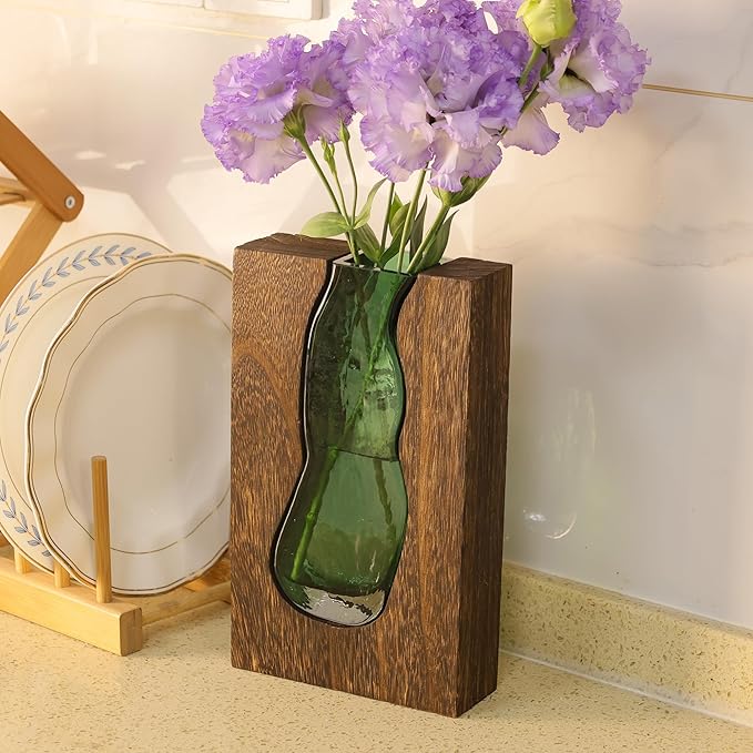 Wood and Glass Inlay Vases Farmhouse Wooden Glass Flower Vase Solid Wood Glass Vase Home Decor Vases for Centerpiece (9.45 Inches)
