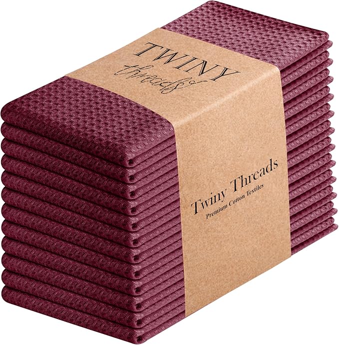 TWINY threads Dish Towel Waffle Texture, Pack of 12, 16x26 Inches, Large 100% Cotton Kitchen Linen Set, Absorbent Cloths for Drying Dishes and Cookware, Quick Drying, Machine Washable, Burgundy Wine