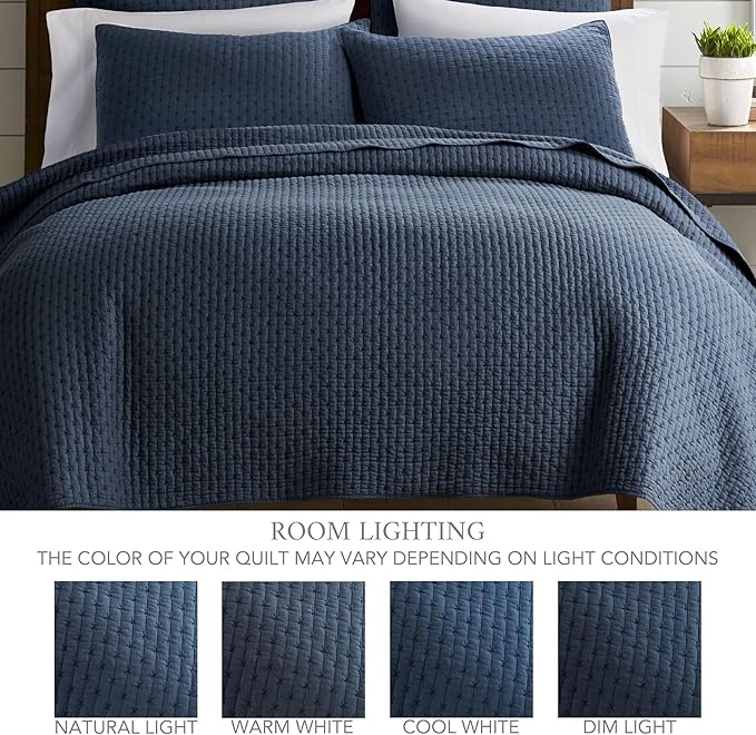 Levtex Home Cross Stitch Reversible King/Cal King Quilt Set (106x92in) and 2 Pillow Shams (36x20in) - Stitch Texture - Navy - Cotton King Size Quilt Bedding Set - Lightweight Soft Pre-Washed