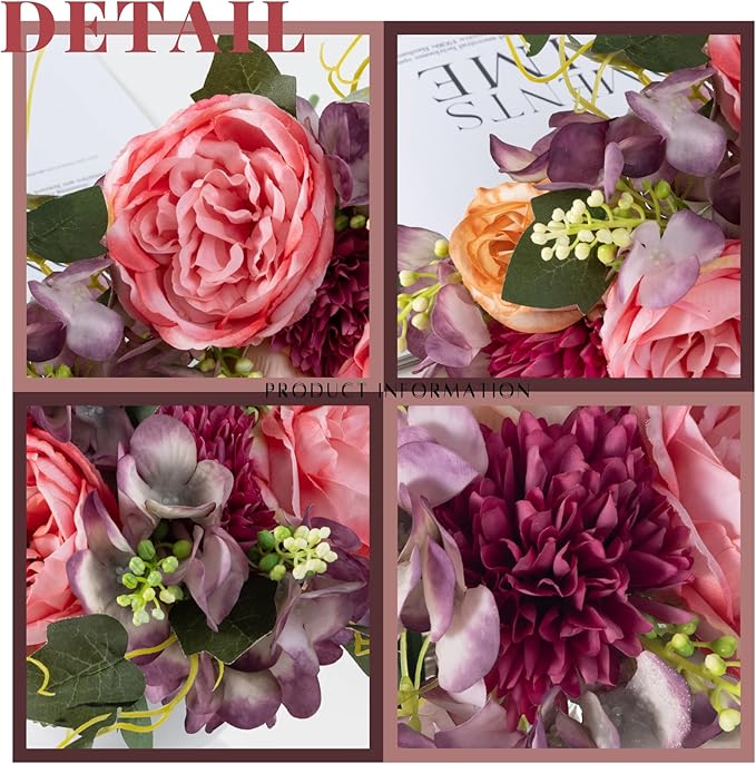 ASTRYAS 2Pcs Peonies Artificial Flowers Faux Peonies Fake Roses Bouquet Floral Arrangement for Spring Summer Centerpiece Table Wedding Party Home Decor, Purple Pink