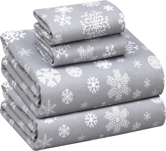 RUVANTI Flannel Sheets King Size - 100% Cotton Brushed King Size Sheets Set - Deep Pockets 16 Inches Bed Sheets - All Seasons Breathable & Extra Soft - Warm & Cozy, 4 Piece, Snowflakes