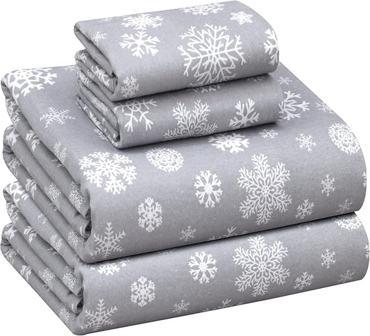 RUVANTI Flannel Sheets Full Size - 100% Cotton Double Brushed Bed Sheets Set, Deep Pockets 16 Inches, All Seasons Breathable & Extra Soft Full Sheets, Warm & Cozy, 4 Piece, Snowflakes