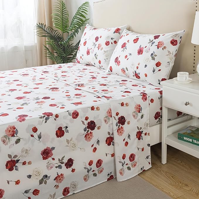 FADFAY Rose Sheets Set Twin XL Vintage White Rose Floral Bedding Shabby College Bedding 100% Percale Egyptian Cotton 800 Thread Count Ultra Soft Deep Pocket Fitted Sheet 4Pcs, Twin XL for Dorm Room