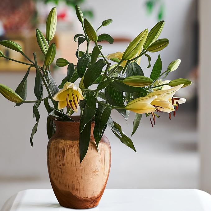 Acacia Wood Vase 7.5" x 7.5" x 11.8" H Handcrafted Natural Brown Wooden Vase Rustic Flower Holder for Entry Table Vintage Artworks Planter for Living Room Home Christmas Décor