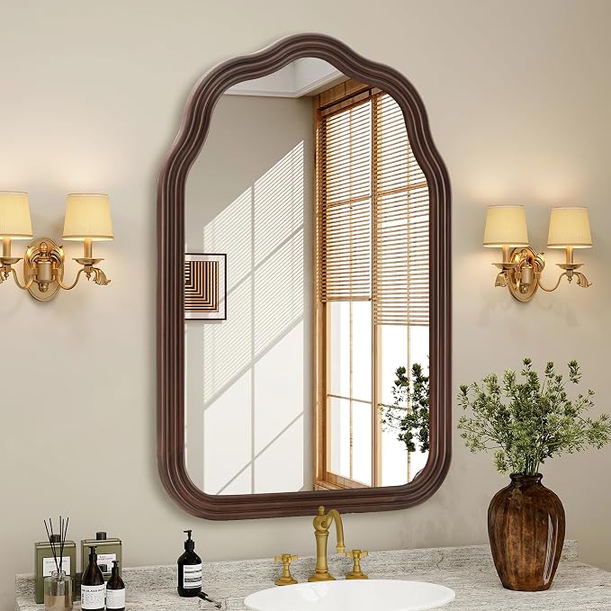 Tanmicoshomy Wood Arch Bathroom Mirror 24x36 Inch, Rustic Wavy Natural Wooden Framed Mirrors with Shatterproof Glass for Living Room, Bedroom or Entryway (Dark Brown)