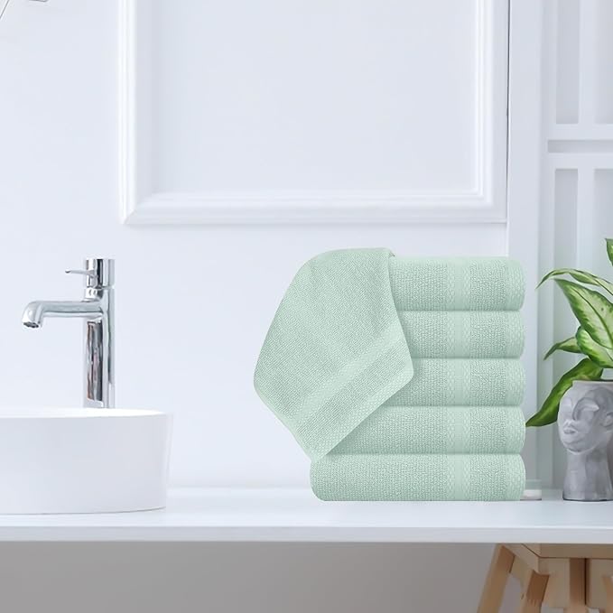 GLAMBURG Ultra Soft 12-Piece Washcloths Set 13x13-100% Ringspun Cotton - Durable & Highly Absorbent Face Towels - Ideal for use in Bathroom, Kitchen, Gym, Spa & General Cleaning - Sea Green