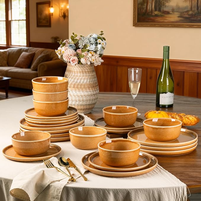 GBHOME Ceramic Dinnerware Sets for 4, 12 Pieces Stoneware Plates and Bowls Sets, Scratch Resistant Dishes, Dishwasher & Microwave Safe, Reactive Glaze-Amber