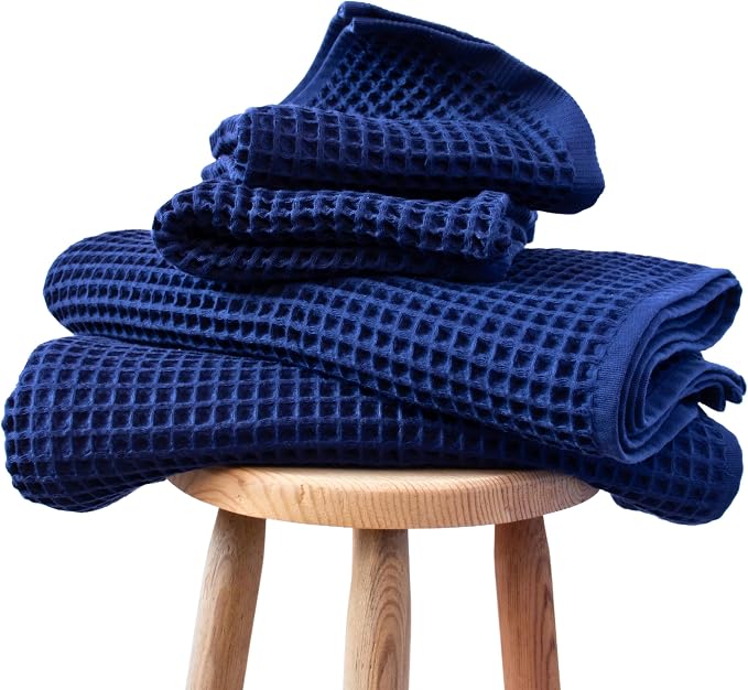 PÜSKÜL 4-Piece Natural 100% Turkish Cotton Luxury Waffle Towels for Bathroom | Premium Honeycomb Weave 2 Hand Towel & 2 Bath Towel Set | Soft Absorbent Quick-Dry Lightweight Towels (Navy Blue)