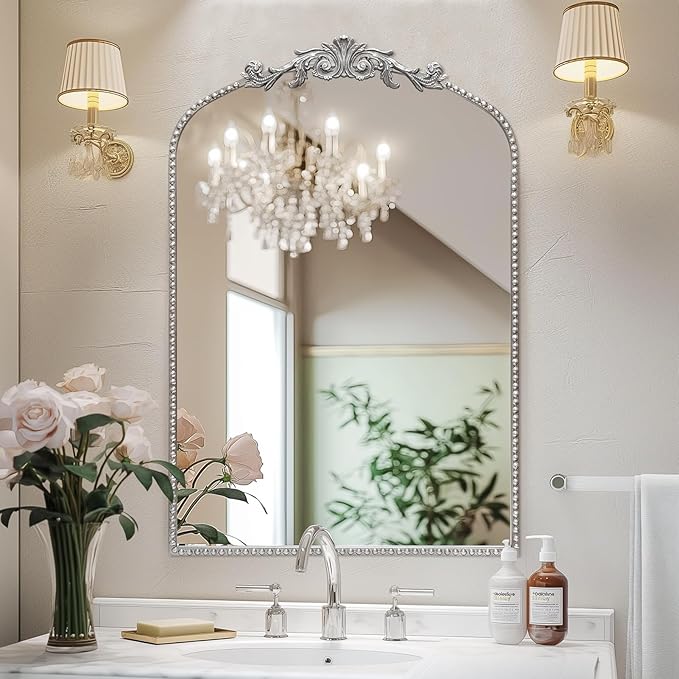 Antique Silver Arch Wall Mirror, 24"x36" Traditional Vintage Mantel Mirror with Ornate Metal Frame, Baroque Home Decor for Fireplace/Entryway/Bathroom/Living Room/Hallway