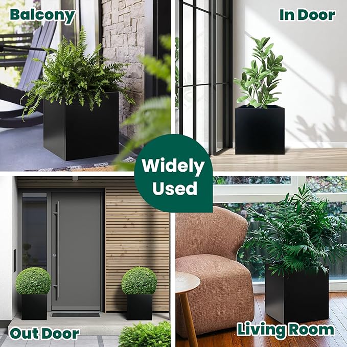 Galvanized Steel Planter Box Black Metal Planter Square Indoor Outdoor Planters Cube Steel Heavy Duty 16Inch Powder Coating Modern Commercial Residential for Patio, Yard, Garden