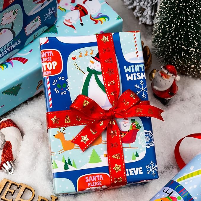 MAYPLUSS Christmas Gift Wrapping Paper - 17In x 120In Per Roll - Magic Fairytale Santa Claus and Unicorn, Santa Reindeer, Candy Christmas Winter Holiday Gift Wrap Paper for Housewarming, Party