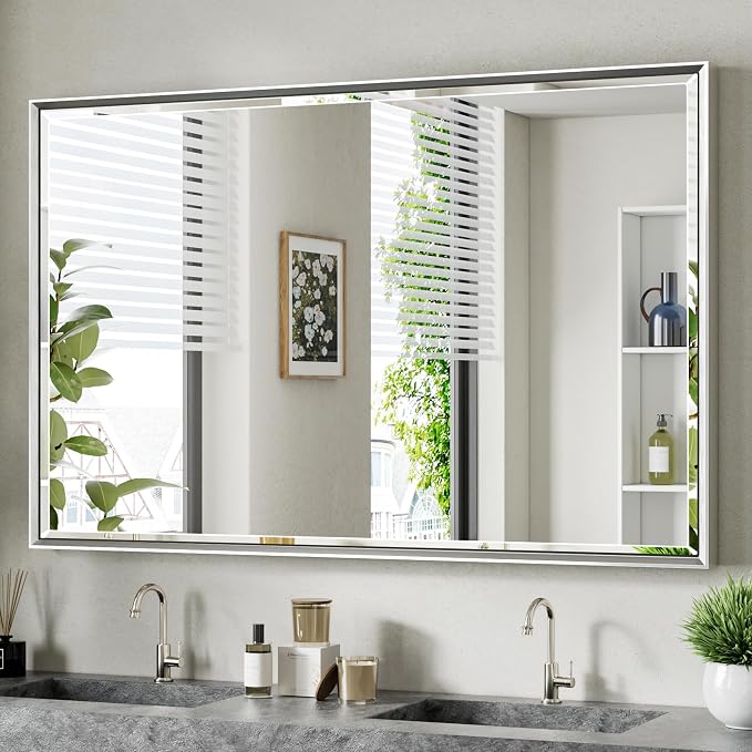 48 x 30 Beveled Bathroom Mirror, Shatterproof Rectangle Mirror, Metal Framed for Wall, Anti-Rust (Vertical/Horizontal)