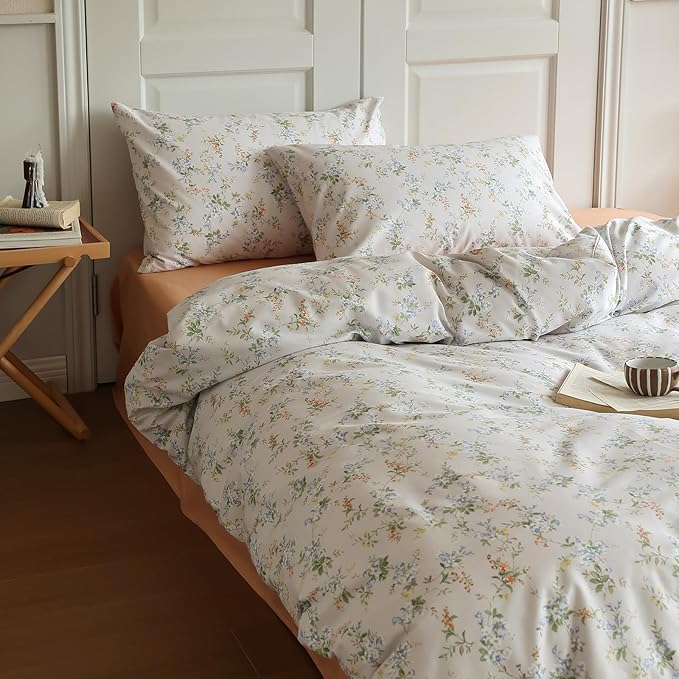 LifeTB Vintage Floral Duvet Cover Set Queen 100% Cotton Girls Garden Style Blossom Flower Comforter Cover Botanical Cottagecore Style Duvet Cover with 2 Pillowcases Farmhouse Bedding Set