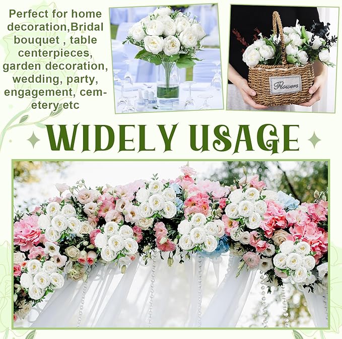 8 Pack White Peonies Artificial Flowers, Fake Silk Hydrangea Bouquet for Bridal Wedding Home Table Decor Reusable Dining Opening Ceremony Birthday Arrangement Faux Floral